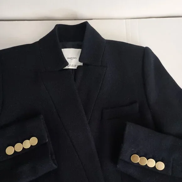 Mango Wool Blend Double Breasted Mid-Thigh Suit Coat Navy Blue Women’s XXS EUC - Picture 6 of 16